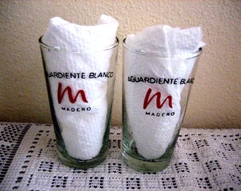 2 Aguardiente Blanco Madero Shot Glasses, Madero White Spirit Colombian Liqueur Glasses, Vintage Mancave Barware