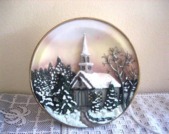Vintage Lighted Winter Church Scene Plate: 3D Christmas Mantle Decor WORKS, Holiday Accent Lights