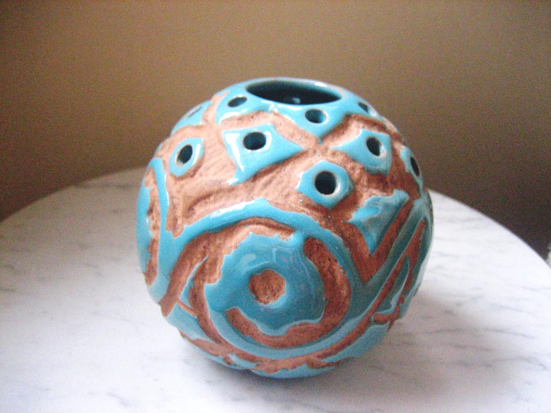 Italian Pottery Turquoise Vase, Vintage Sgraffito Mid Century Modern ...