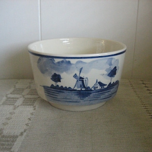 Vintage Delfts Blauw Bowl, Holland Made Blue Ivory Hand Painted Planter, Delfts Blue Windmill Sailboat Display Bowl