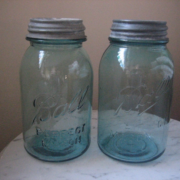 Set of Vintage Ball Canning Jars, 2 Blue Glass Fruit Jar Canisters with Zinc Lids, Aqua Quart Sized Ball Perfect Mason Jars