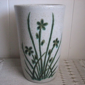 Vintage Studio Art Pottery Vase Floral Greens on Speckled Background Hand Made and Signed