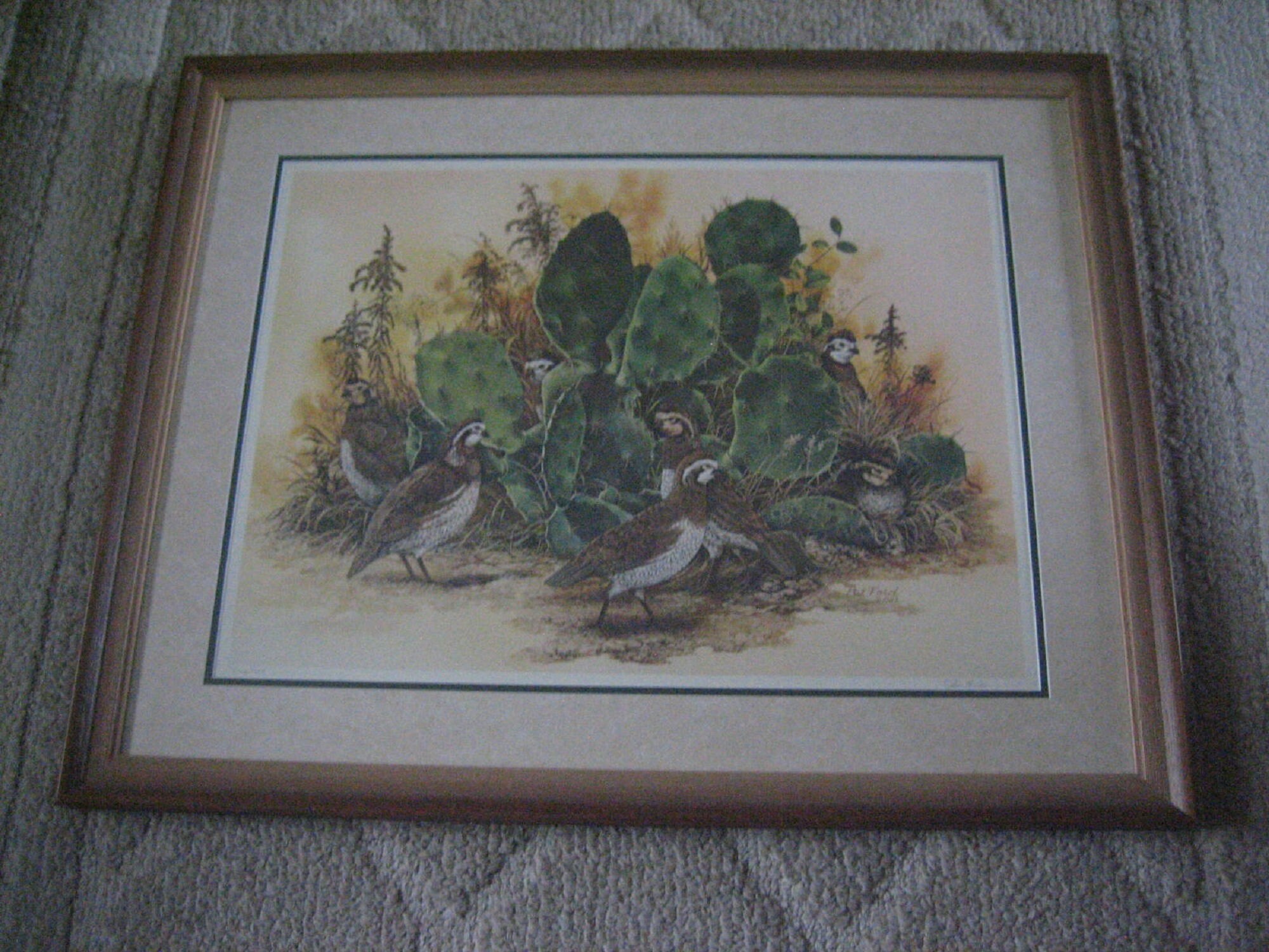 Pat Ford Wildlife Print Quail in Cacti Signed Numbered 1983 Framed and
