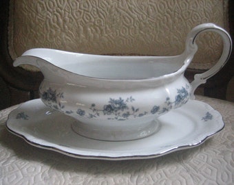 Johann Haviland Blue Garland Gravy Boat with Underplate, Traditions Fine China 2 PC Gravy/Sauce Bowl With Plate, Holiday China Dinnerware