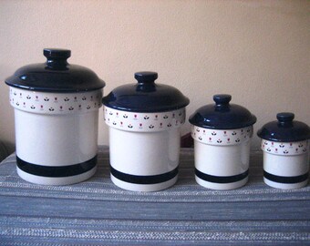 Set of 4 Vintage Canisters, 1983 Country Borders, Kitchen Storage Lidded Jars, Made in Japan Canister Set
