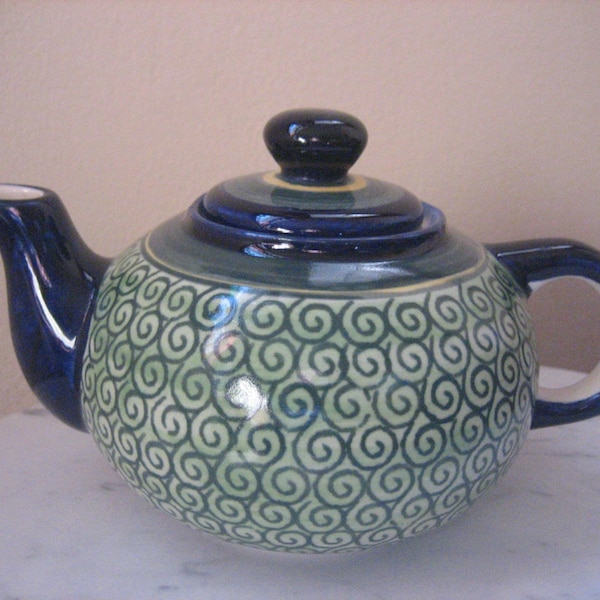 Polish Pottery Boleslawiec Blue/Green Teapot with Lid, Hand Painted Made in Poland Tea Pot, Small One Mug Pot