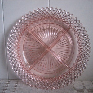 Pink Depression Glass Divided Relish Tray Anchor Hocking Miss America Diamond Cut Candy Dish