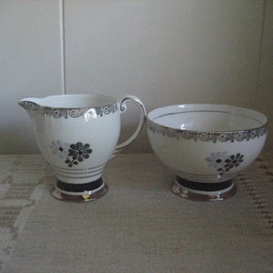 Royal Standard Cream & Sugar Bowl, Vintage Black White Silver Creamer Sugar Set, Fine Bone China Made in England, Creamer Sugar Service Set