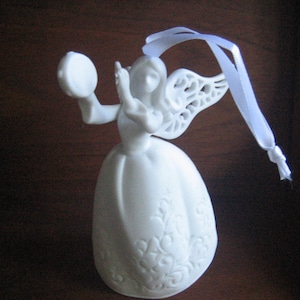 Roman Lace Illusions Angel Bell Ornaments, 3 Pierced Reticulated Porcelain Angels, White Collectible Christmas Angel Ornaments
