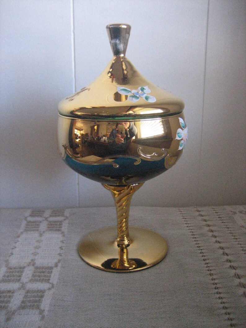 Gilded Pedestal Candy Dish, Bohemian Czech Lidded Compote, Enameled