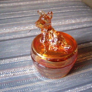Vtg Iridescent Marigold Scottie Dog Powder Dresser Jar, Carnival Glass Trinket Box, Jeannette Glass Peach Luster Lidded Scottish Terrier Jar