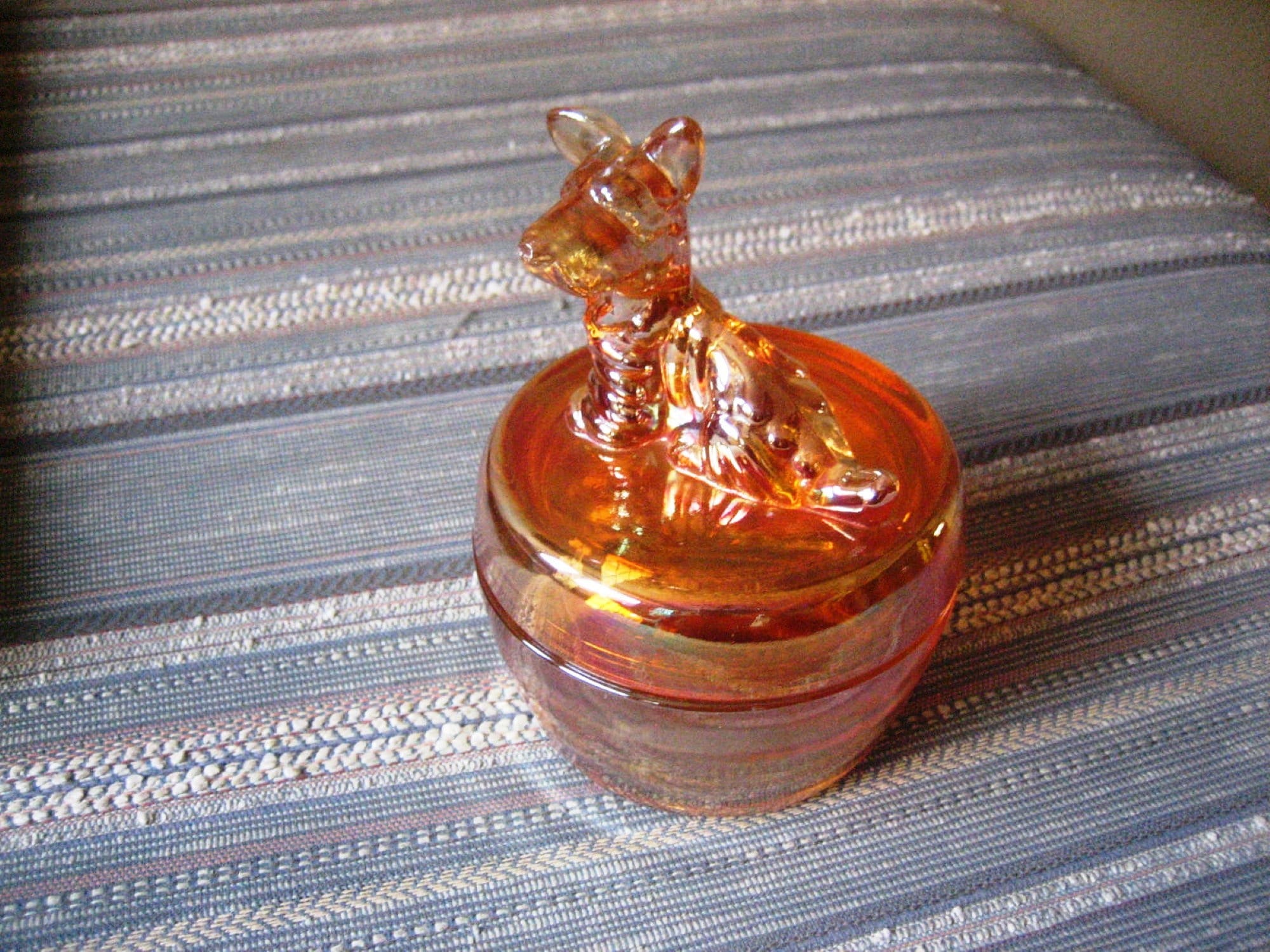 Vtg Iridescent Marigold Scottie Dog Powder Dresser Jar, Carnival