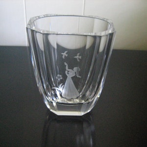 Vtg Orrefors Short Vase, Crystal Vase With Etched Girl and Flying Birds, Signed and Numbered Glass Vase Made in Sweden, Scandinavian Crystal