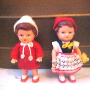 Two Vintage German ARI Dolls, Miniature Rubber Dollhouse Dolls Made in East Germany, Set of Clothed Dolls in Their Original Costumes