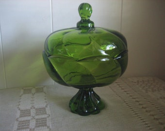 Avocado Green Viking Glass Compote, Vintage Green Lidded Candy Dish, Viking Epic MCM Pedestal Covered Compote