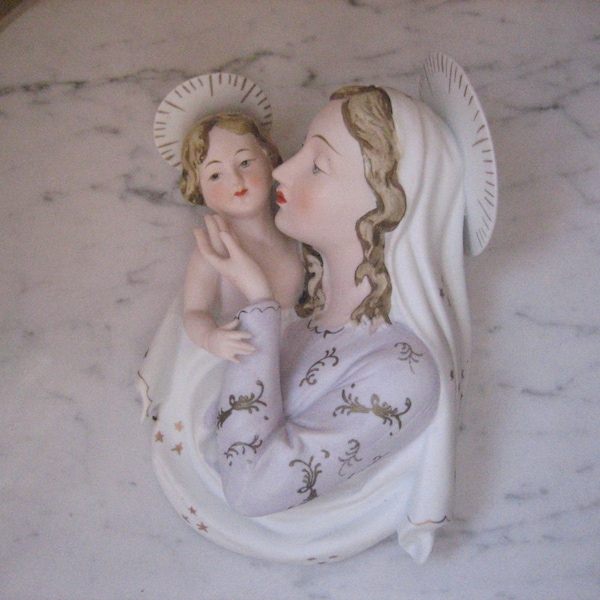 Madonna and Child Jesus Wall Plaque, Lefton 1950s Vintage Ceramic Made in Japan Religious Figurine, Lefton Hand Painted KW6418 Wall Hanging