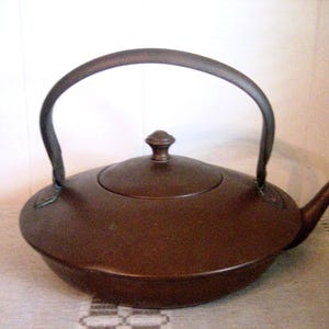 May include: A brown metal teapot with a curved handle and a spout. The teapot has a lid with a small knob on top. The handle is arched and attached to the sides of the teapot. The teapot is sitting on a patterned surface.
