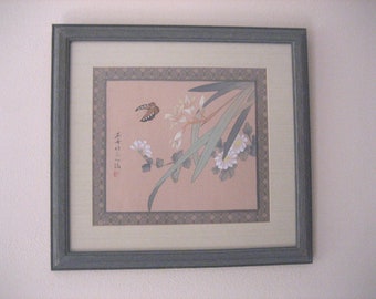 Vintage Signed Paintings on Silk, Chinese Ink and Watercolor Flowers with Butterflies Matted and Framed Japanese Oriental Decor, Your Choice