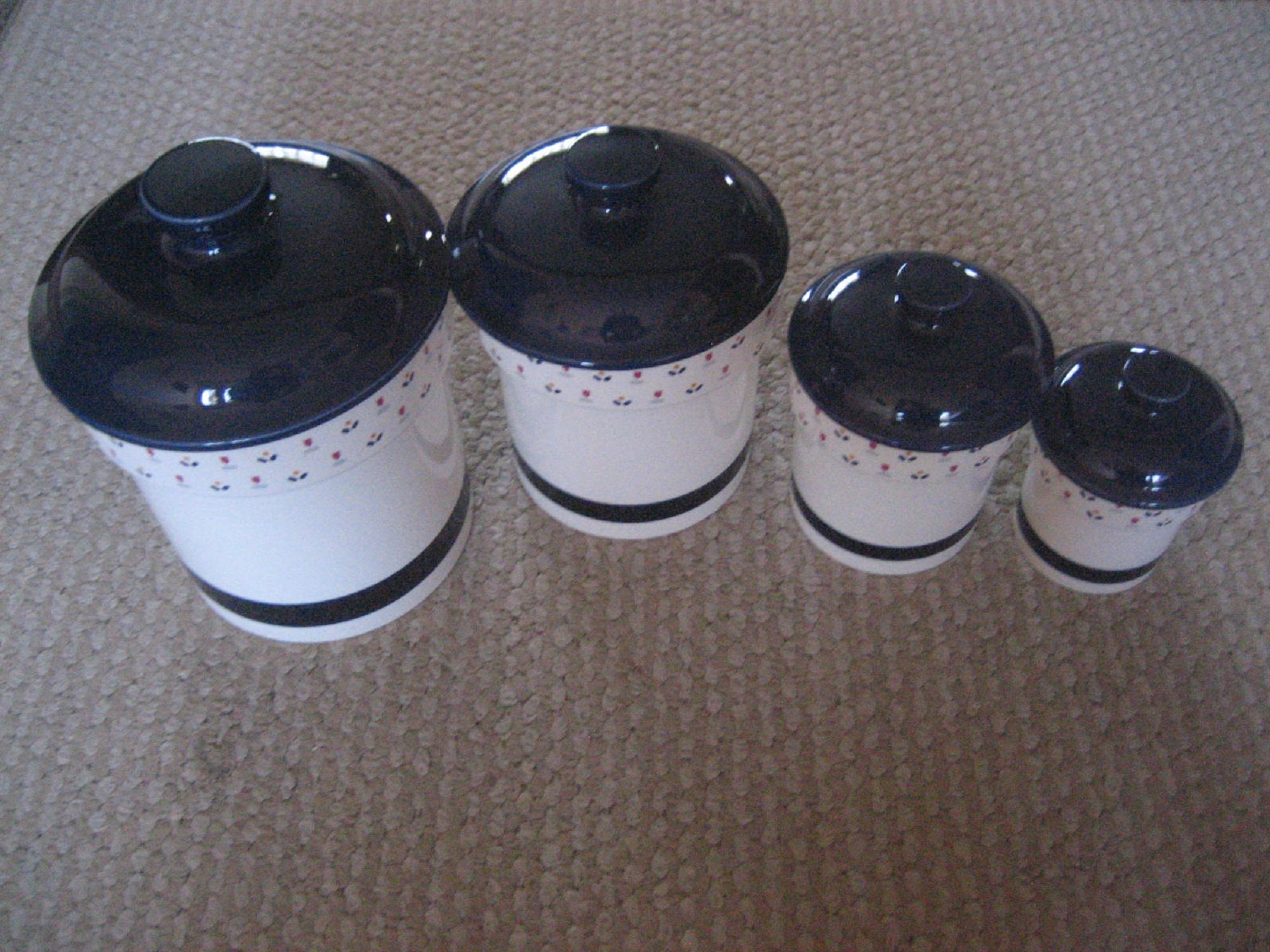 Set of 4 Vintage Canisters, 1983 Country Borders, Kitchen Storage Lidded Jars, Made in Japan