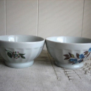 May include: Two white ceramic bowls with floral designs. The bowl on the left has a pink and green flower design. The bowl on the right has a blue and green floral design.