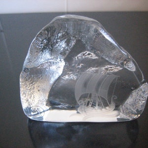 Vintage Sweden Paperweight, Hovmantorp Viking Paper Weight, Swedish Art Glass Etched Clear and Frosted Signed Paperweight