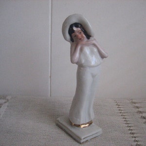 Vintage Lady Figurine Wearing Bonnet White with Gold Accents Made in Japan