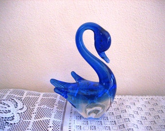 Vintage Murano Style Sommerso Art Glass Swan Figurine, Cobalt Blue Glass Bird, Murano Hand Blown Glass Italian Art, Glass of Venice Birds