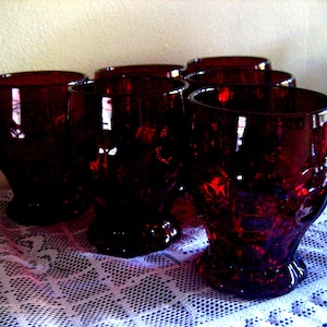 6 Vintage Ruby Red Footed Glasses, Fenton Ruby Red Thumprint Juice Tumblers, 8 oz Red Glass Dots Pattern Tumblers With Scalloped Base