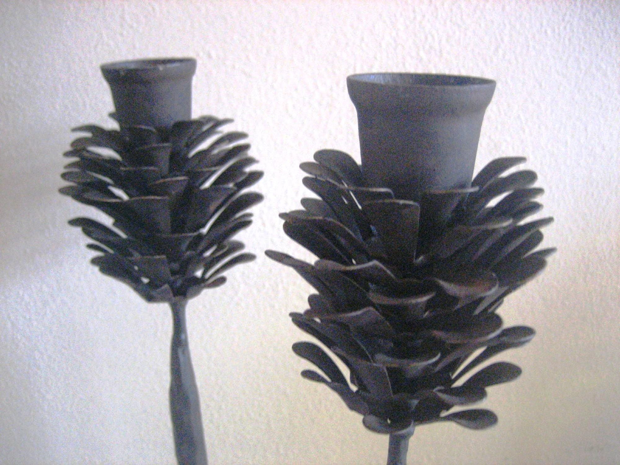 Cast Metal Candlesticks, Two Forged Iron Pinecone Shaped Candle Holders, Pair of Heavy Brown Rustic Taper Holders
