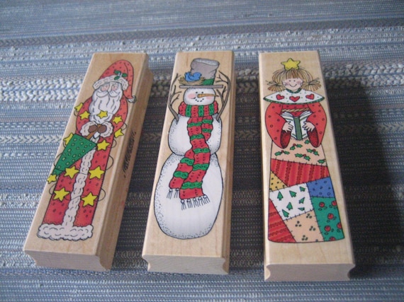 1996 Christmas Rubber Stamps, Three Wood Mounted Rubber Stamps, Country Caroler, Santa, and Snowman Hero Arts Stamps, Make Christmas Cards