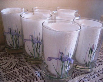Set of 7 Shadow Iris Corelle Juice Glasses: 6 Oz Glassware Small Corning Ware Vintage Tumblers