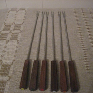 6 Vintage Stainless Steel Fondue Forks Color Coded Wood Handles Made in Japan