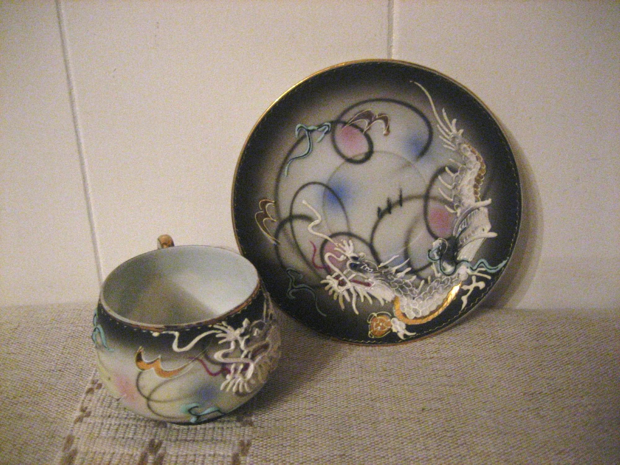 Japan KTK Dragon Ware Geisha Lithophane Tea Cup Set, Black Dragonware Tea Cup and Saucer, Vintage Blue Eyed Dragon Hand Painted Cup