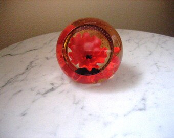 Floral Charms Red Poppy Glass Paperweight: Caithness Scotland Faceted Glass Signed Orb
