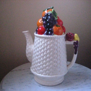 Rare Vintage Tilso Japan White Basket Weave #53/390X Coffee Pot, Tilso Ceramic Teapot with Fruit Lid, Hand Painted Tilso Coffee Pot