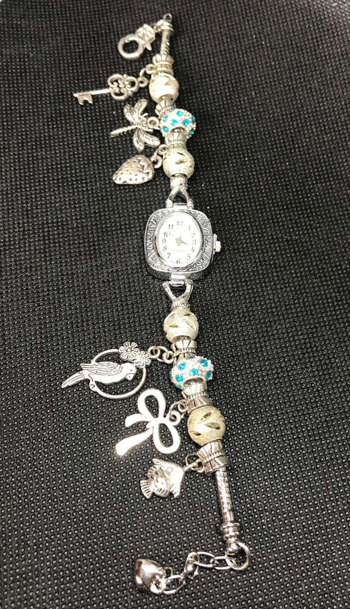 Silver charm bracelet watch Etsy