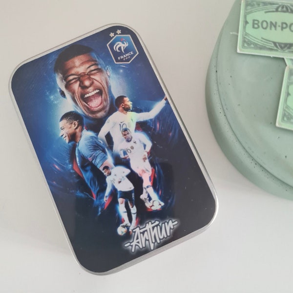 Boite à Bons Points ou autre personnalisée avec prénom / Glossy ou holographique | Kilian Mbappé football FFF | Mini boîte métal