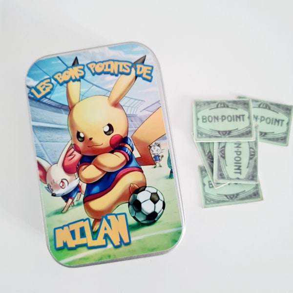 Boite à Bons Points personnalisée avec prénom / Glossy ou holographique | Pokémon Pikachu football | Mini boîte métal