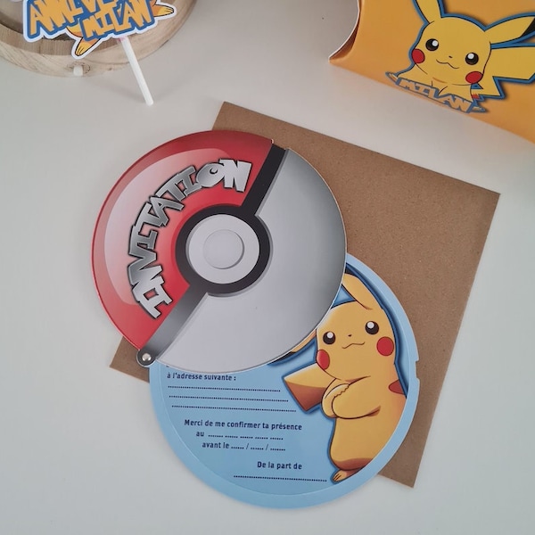 Lot de 5 cartes d'invitation Anniversaire PIKACHU / EVOLI avec enveloppes kraft Poké Ball