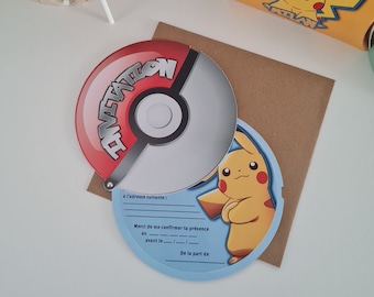 Set de 5 tarjetas de invitación de cumpleaños PIKACHU / EVOLI con sobres kraft de Poké Ball