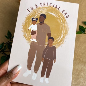 Schwarze Vatertagskarte. Zwei Kinder Vatertagskarte. Mixed Rassen Vater Baby Mädchen älterer Junge, schwarze Familienkarte. Afroamerikanische Grußkarte