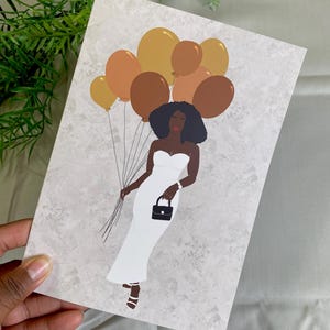 Tarjeta de cumpleaños afroamericana, mujer negra, tarjetas de felicitación negras, globos de celebración, magia de niña negra, piel oscura diversa, afroamericana