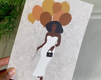 Black Afro Birthday Card, Black Woman, Black Greeting Cards Celebration Balloons Black Girl Magic Diverse  Dark Skin African American