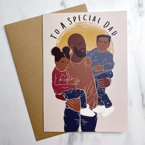 Biglietto per la Festa del Papà Nero. Biglietto per la Festa del Papà con due figli. Biglietto di auguri per il compleanno di un papà maschio/femmina, biglietto per la famiglia nera. Biglietto d'auguri per afroamericani.