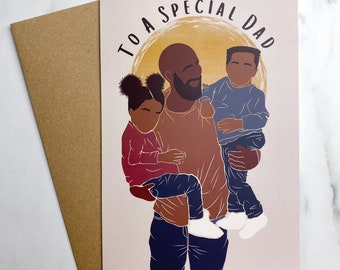 Black Fathers Day Card. Two Children Fathers Day Card. Boy dad / girl dad birthday card black family card. African American greeting card