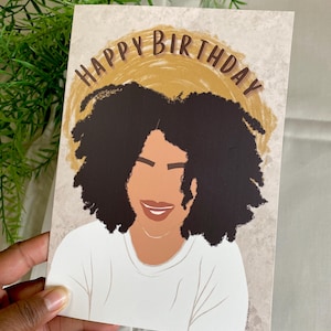 Cartão de aniversário afro de menina negra mestiça, cartões de felicitações para mulheres negras, cartões étnicos, magia de menina negra, cartões diversos, cabelo cacheado birracial
