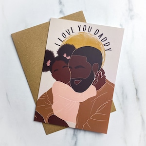 Biglietto per la festa del papà nero. Biglietto d'auguri per papà nero. Biglietto d'auguri per la ragazza di papà. Carta afroamericana carte nere ragazza papà