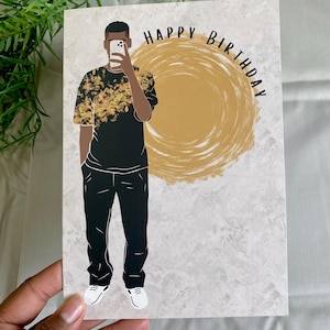 Biglietto di auguri di compleanno per uomo di colore. Maschio di colore. Giovane uomo elegante, afroamericano, etnico, melanina, biglietti d'auguri per ragazzo adolescente.