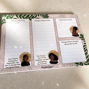 Black Woman Daily To Do List / Planner / Tracker A5 Notepad, Paper Notes, Stationery Gift with 50 Tearable page Mindful