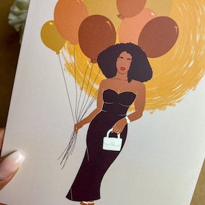 Tarjeta de cumpleaños afro de raza mixta, mujer negra, tarjetas de felicitación negras, globos de celebración, magia de niña negra, afroamericana birracial diversa